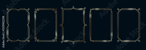 Golden Frames Set. Thin Line Gold Borders Luxury Minimalist Collection. Premium Vector Brass Outline Geometric Rectangles. Linear Decorative Banners with Black Background Isolated