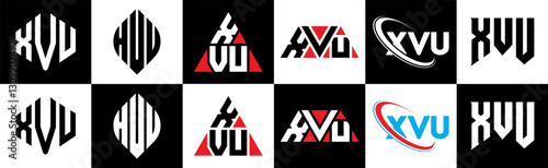 XVU letter logo design in six style. XVU polygon, circle, triangle, hexagon, flat and simple style with black and white color variation letter logo set in one artboard. XVU minimalist and classic logo