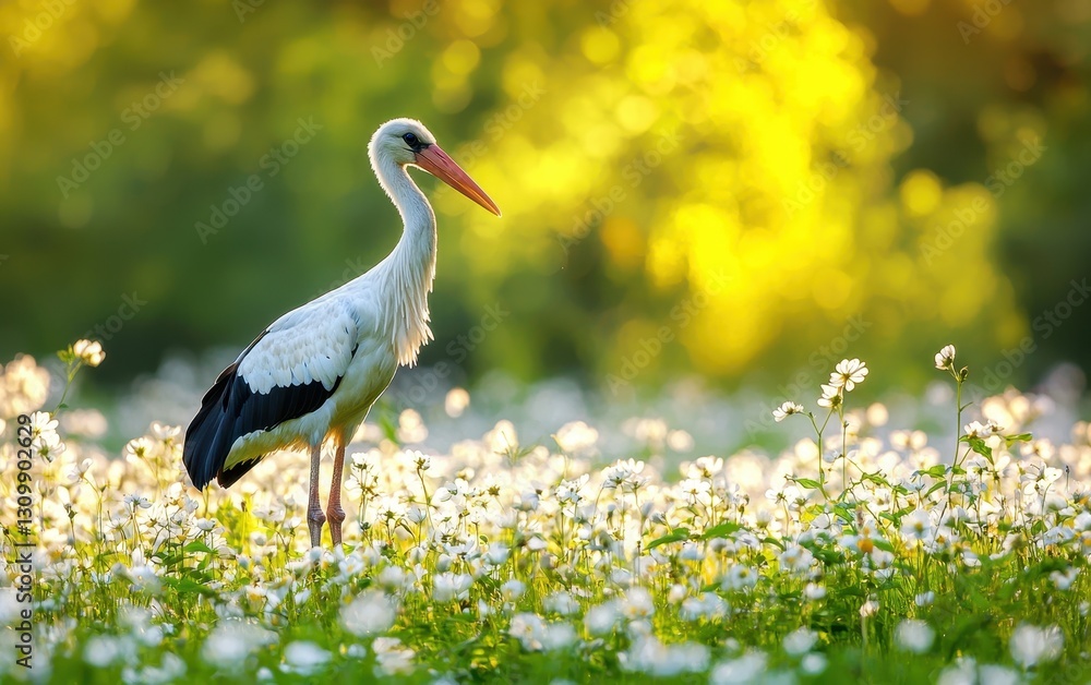 Fototapeta premium Gentle Stork Standing In A Blooming Meadow