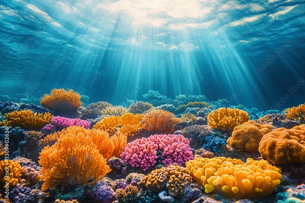 Naklejka premium Vibrant coral reef glows underwater sunbeams