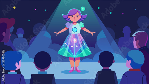 The audience is mesmerized by a child wearing a dress with a holographic design that changes as they move.. Vector illustration