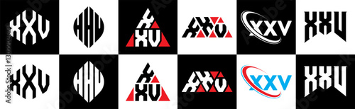 XXV letter logo design in six style. XXV polygon, circle, triangle, hexagon, flat and simple style with black and white color variation letter logo set in one artboard. XXV minimalist and classic logo