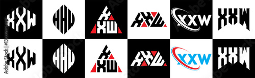 XXW letter logo design in six style. XXW polygon, circle, triangle, hexagon, flat and simple style with black and white color variation letter logo set in one artboard. XXW minimalist and classic logo