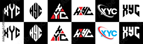 XYC letter logo design in six style. XYC polygon, circle, triangle, hexagon, flat and simple style with black and white color variation letter logo set in one artboard. XYC minimalist and classic logo