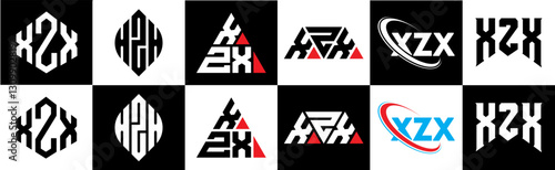 XZX letter logo design in six style. XZX polygon, circle, triangle, hexagon, flat and simple style with black and white color variation letter logo set in one artboard. XZX minimalist and classic logo