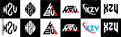 XZV letter logo design in six style. XZV polygon, circle, triangle, hexagon, flat and simple style with black and white color variation letter logo set in one artboard. XZV minimalist and classic logo