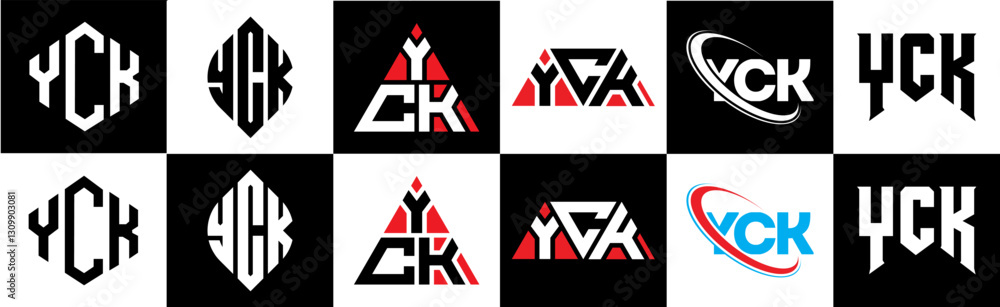 Obraz premium YCK letter logo design in six style. YCK polygon, circle, triangle, hexagon, flat and simple style with black and white color variation letter logo set in one artboard. YCK minimalist and classic logo