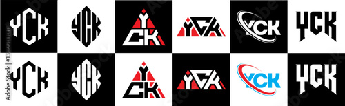 YCK letter logo design in six style. YCK polygon, circle, triangle, hexagon, flat and simple style with black and white color variation letter logo set in one artboard. YCK minimalist and classic logo