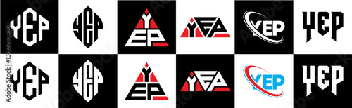 YEP letter logo design in six style. YEP polygon, circle, triangle, hexagon, flat and simple style with black and white color variation letter logo set in one artboard. YEP minimalist and classic logo