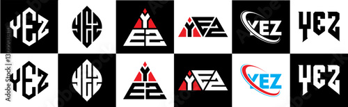 YEZ letter logo design in six style. YEZ polygon, circle, triangle, hexagon, flat and simple style with black and white color variation letter logo set in one artboard. YEZ minimalist and classic logo