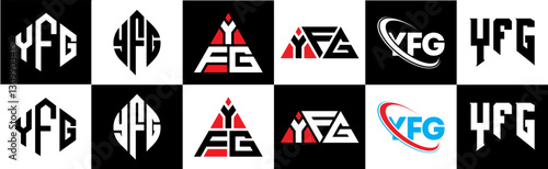 YFG letter logo design in six style. YFG polygon, circle, triangle, hexagon, flat and simple style with black and white color variation letter logo set in one artboard. YFG minimalist and classic logo