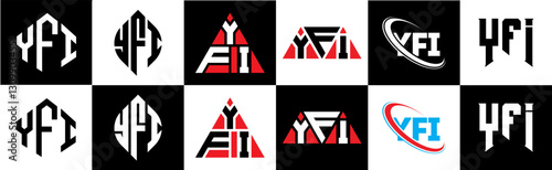 YFI letter logo design in six style. YFI polygon, circle, triangle, hexagon, flat and simple style with black and white color variation letter logo set in one artboard. YFI minimalist and classic logo