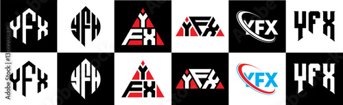 YFX letter logo design in six style. YFX polygon, circle, triangle, hexagon, flat and simple style with black and white color variation letter logo set in one artboard. YFX minimalist and classic logo