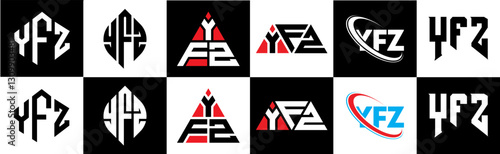 YFZ letter logo design in six style. YFZ polygon, circle, triangle, hexagon, flat and simple style with black and white color variation letter logo set in one artboard. YFZ minimalist and classic logo