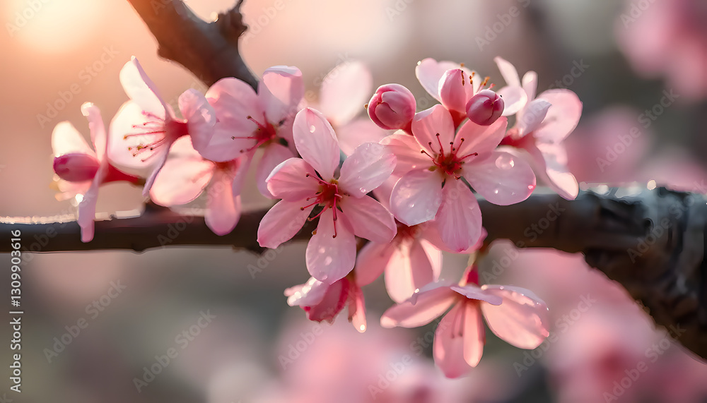 Naklejka premium Delicate pink spring bird cherry flowers in morning sunlight