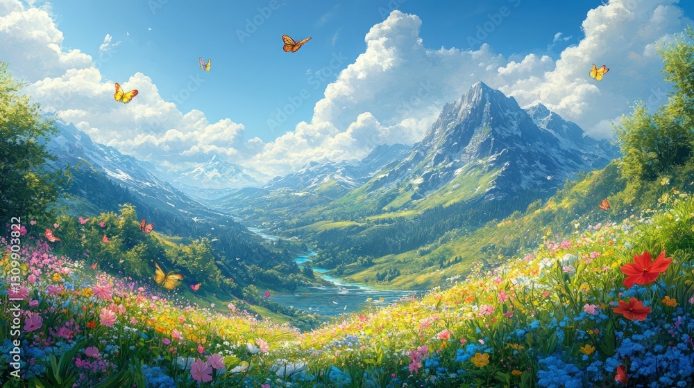 Fototapeta premium Serene mountain valley wildflowers butterflies sunny sky