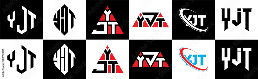 Obraz premium YJT letter logo design in six style. YJT polygon, circle, triangle, hexagon, flat and simple style with black and white color variation letter logo set in one artboard. YJT minimalist and classic logo