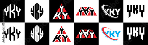 YKY letter logo design in six style. YKY polygon, circle, triangle, hexagon, flat and simple style with black and white color variation letter logo set in one artboard. YKY minimalist and classic logo