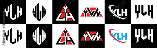 YLH letter logo design in six style. YLH polygon, circle, triangle, hexagon, flat and simple style with black and white color variation letter logo set in one artboard. YLH minimalist and classic logo