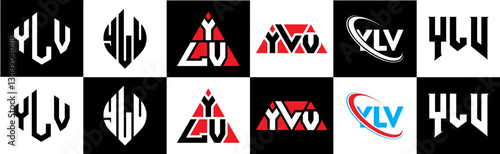 YLV letter logo design in six style. YLV polygon, circle, triangle, hexagon, flat and simple style with black and white color variation letter logo set in one artboard. YLV minimalist and classic logo