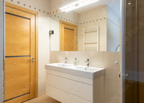 Wallpaper Mural Modern Bathroom Interior with Wooden Door and Double Vanity Torontodigital.ca