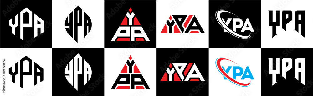 Obraz premium YPA letter logo design in six style. YPA polygon, circle, triangle, hexagon, flat and simple style with black and white color variation letter logo set in one artboard. YPA minimalist and classic logo
