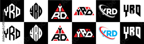 YRD letter logo design in six style. YRD polygon, circle, triangle, hexagon, flat and simple style with black and white color variation letter logo set in one artboard. YRD minimalist and classic logo