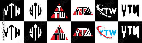 YTW letter logo design in six style. YTW polygon, circle, triangle, hexagon, flat and simple style with black and white color variation letter logo set in one artboard. YTW minimalist and classic logo