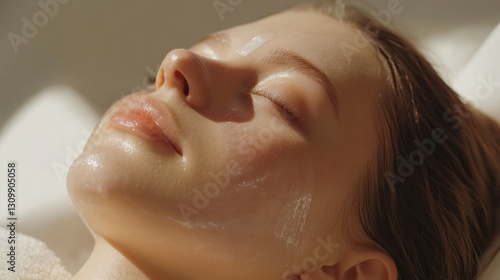A young woman undergoes facial biotherapy in an aesthetic clinic.Concept of taking care of yourself.