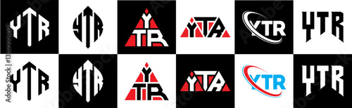 YTR letter logo design in six style. YTR polygon, circle, triangle, hexagon, flat and simple style with black and white color variation letter logo set in one artboard. YTR minimalist and classic logo