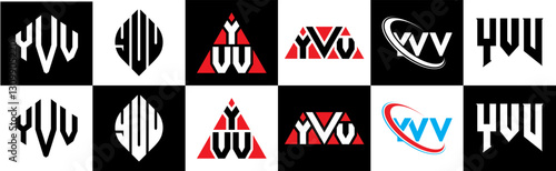 YVV letter logo design in six style. YVV polygon, circle, triangle, hexagon, flat and simple style with black and white color variation letter logo set in one artboard. YVV minimalist and classic logo