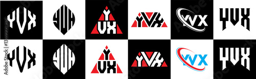 YVX letter logo design in six style. YVX polygon, circle, triangle, hexagon, flat and simple style with black and white color variation letter logo set in one artboard. YVX minimalist and classic logo