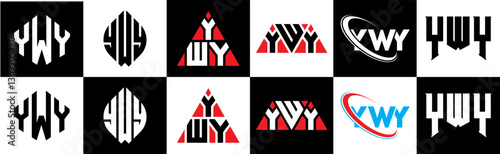 YWY letter logo design in six style. YWY polygon, circle, triangle, hexagon, flat and simple style with black and white color variation letter logo set in one artboard. YWY minimalist and classic logo