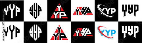 YYP letter logo design in six style. YYP polygon, circle, triangle, hexagon, flat and simple style with black and white color variation letter logo set in one artboard. YYP minimalist and classic logo
