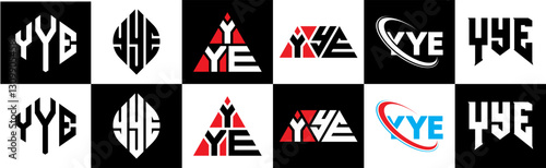 YYE letter logo design in six style. YYE polygon, circle, triangle, hexagon, flat and simple style with black and white color variation letter logo set in one artboard. YYE minimalist and classic logo