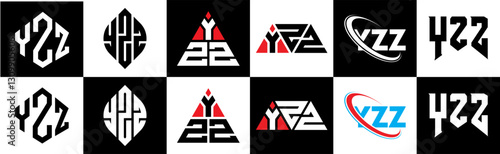 YZZ letter logo design in six style. YZZ polygon, circle, triangle, hexagon, flat and simple style with black and white color variation letter logo set in one artboard. YZZ minimalist and classic logo