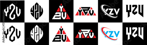 YZV letter logo design in six style. YZV polygon, circle, triangle, hexagon, flat and simple style with black and white color variation letter logo set in one artboard. YZV minimalist and classic logo
