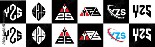 YZS letter logo design in six style. YZS polygon, circle, triangle, hexagon, flat and simple style with black and white color variation letter logo set in one artboard. YZS minimalist and classic logo