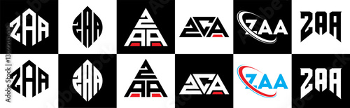 ZAA letter logo design in six style. ZAA polygon, circle, triangle, hexagon, flat and simple style with black and white color variation letter logo set in one artboard. ZAA minimalist and classic logo