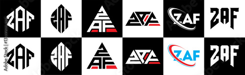 ZAF letter logo design in six style. ZAF polygon, circle, triangle, hexagon, flat and simple style with black and white color variation letter logo set in one artboard. ZAF minimalist and classic logo