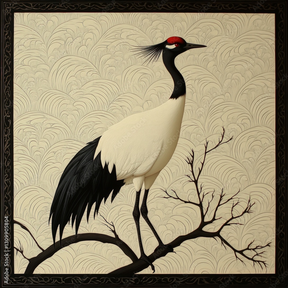 Fototapeta premium Elegant crane perched on branch, wave pattern background
