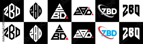 ZBD letter logo design in six style. ZBD polygon, circle, triangle, hexagon, flat and simple style with black and white color variation letter logo set in one artboard. ZBD minimalist and classic logo