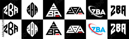 ZBA letter logo design in six style. ZBA polygon, circle, triangle, hexagon, flat and simple style with black and white color variation letter logo set in one artboard. ZBA minimalist and classic logo
