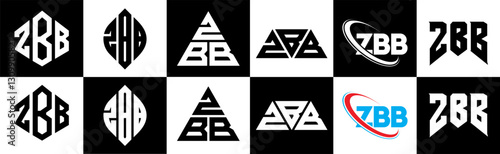 ZBB letter logo design in six style. ZBB polygon, circle, triangle, hexagon, flat and simple style with black and white color variation letter logo set in one artboard. ZBB minimalist and classic logo