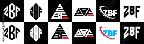 ZBF letter logo design in six style. ZBF polygon, circle, triangle, hexagon, flat and simple style with black and white color variation letter logo set in one artboard. ZBF minimalist and classic logo