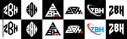ZBH letter logo design in six style. ZBH polygon, circle, triangle, hexagon, flat and simple style with black and white color variation letter logo set in one artboard. ZBH minimalist and classic logo