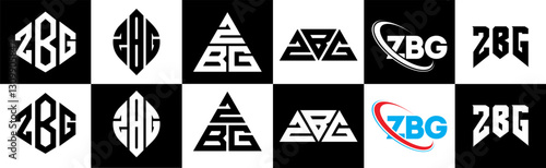 ZBG letter logo design in six style. ZBG polygon, circle, triangle, hexagon, flat and simple style with black and white color variation letter logo set in one artboard. ZBG minimalist and classic logo