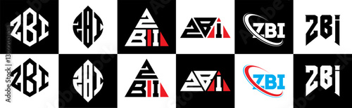 ZBI letter logo design in six style. ZBI polygon, circle, triangle, hexagon, flat and simple style with black and white color variation letter logo set in one artboard. ZBI minimalist and classic logo