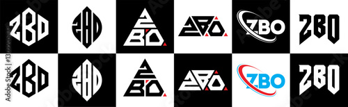 ZBO letter logo design in six style. ZBO polygon, circle, triangle, hexagon, flat and simple style with black and white color variation letter logo set in one artboard. ZBO minimalist and classic logo