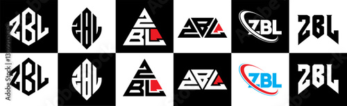 ZBL letter logo design in six style. ZBL polygon, circle, triangle, hexagon, flat and simple style with black and white color variation letter logo set in one artboard. ZBL minimalist and classic logo